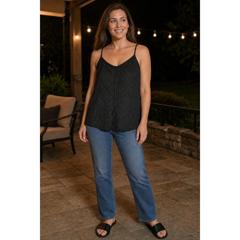 Maurices Cami Tank Top Women's M Black Gold Diamond Boho Glam Button Front